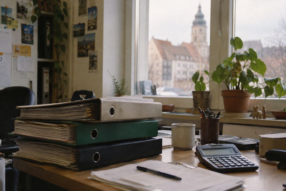 Drei gestapelte Aktenordner und ein Taschenrechner auf einem Schreibtisch vor einem Fenster mit Blick auf eine Altstadt.