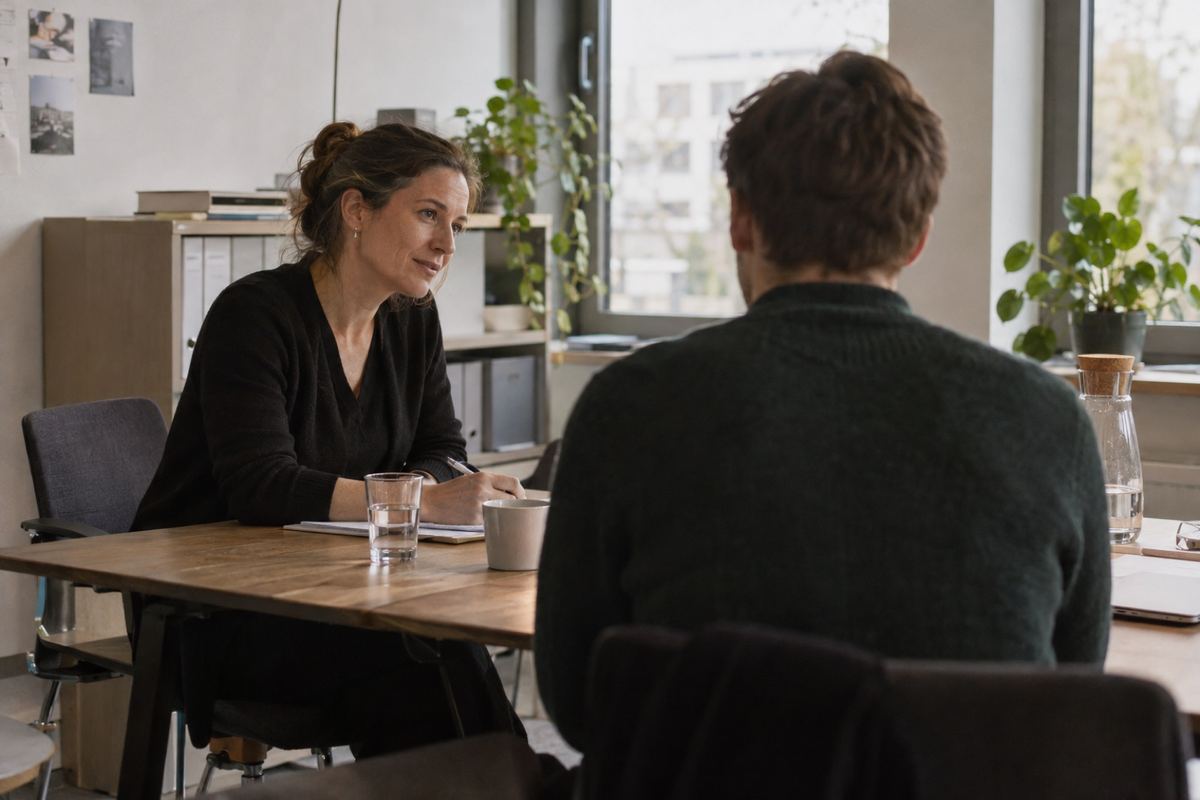 Zwei Personen sprechen an einem Holztisch in einem hellen Büro miteinander, eine Frau hört zu und macht sich Notizen.