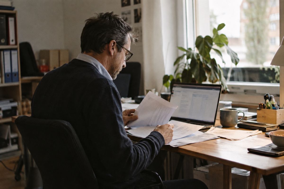 Ein Mann mit Brille sitzt an einem Holzschreibtisch am Fenster und geht Unterlagen durch, neben ihm steht ein aufgeklappter Laptop.